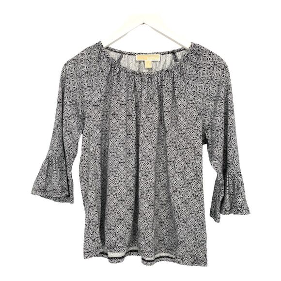Michael Kors MK Black White Paisley Print 3/4 Bell Sleeve Top Size‎ Small - Picture 1 of 7